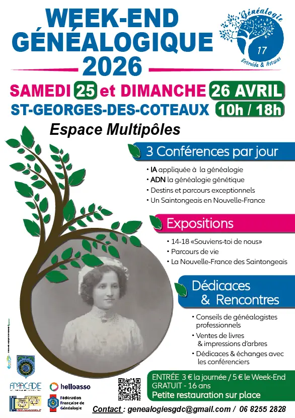 Salon WE généalogique St-Georges-des-Coteaux (Charente-Maritime) stand et conférence Recherche Ancêtres